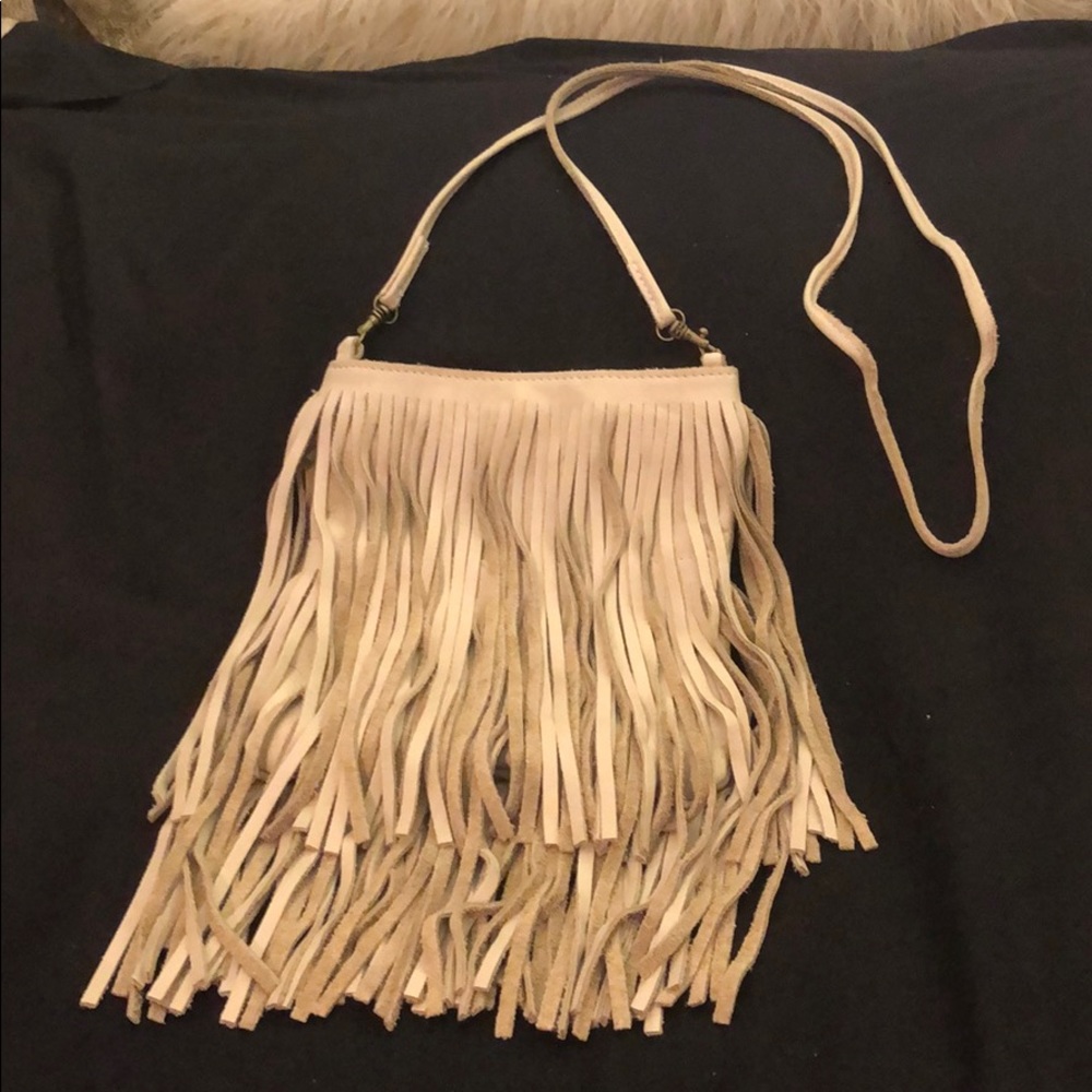 New stone colored leather fringed purse
